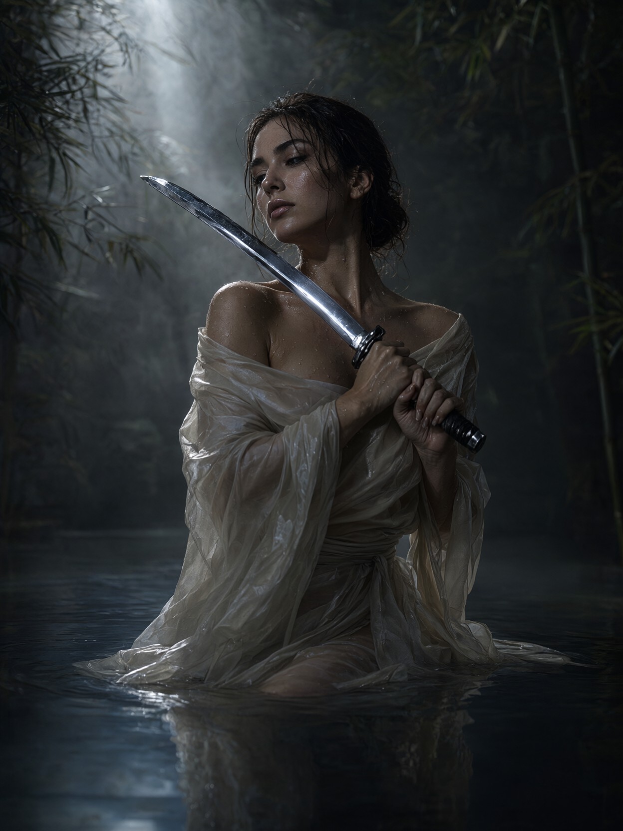 Moonlit Warrior in Dark Waters — AI generated image