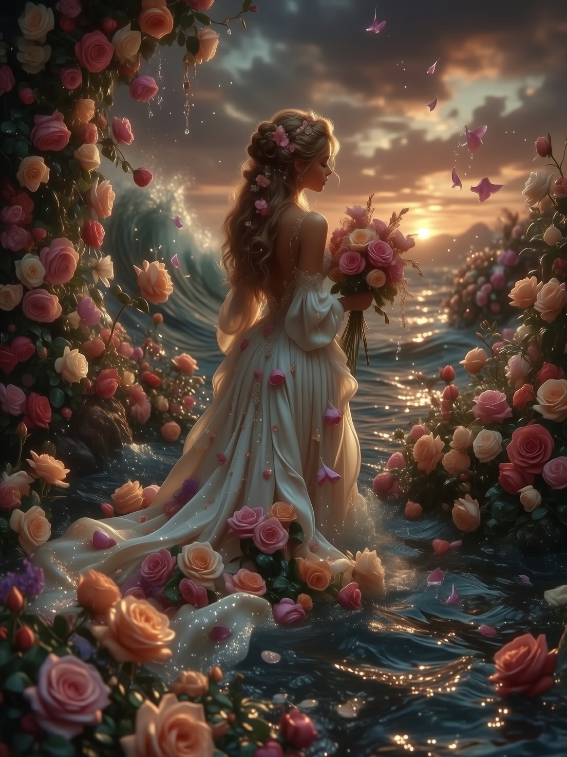 Ethereal Woman in Floral Reverie — AI generated image