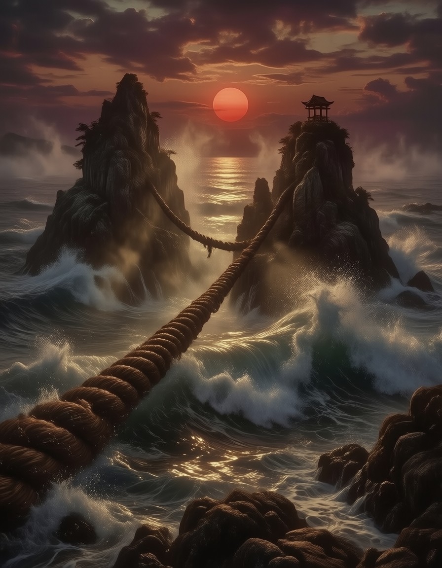 Spiritual Sunrise Over Wedded Rocks — AI generated image