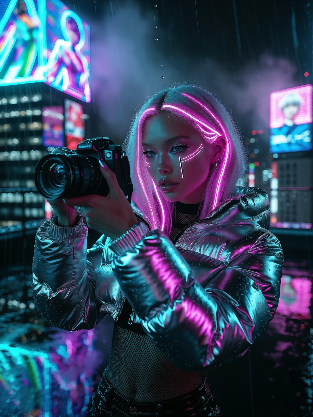 Cyberpunk AI Influencer on Neon Rooftop — AI generated image