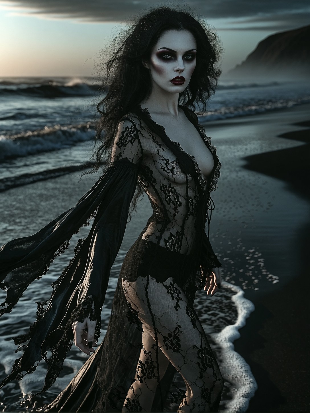 Gothic Beauty at Dusk Beach — AI generated image