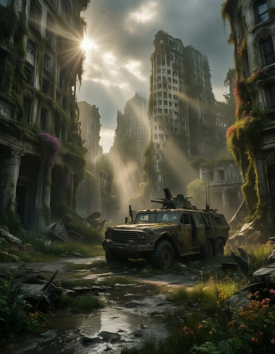 Post-Apocalyptic Overgrown City Square — AI generated image