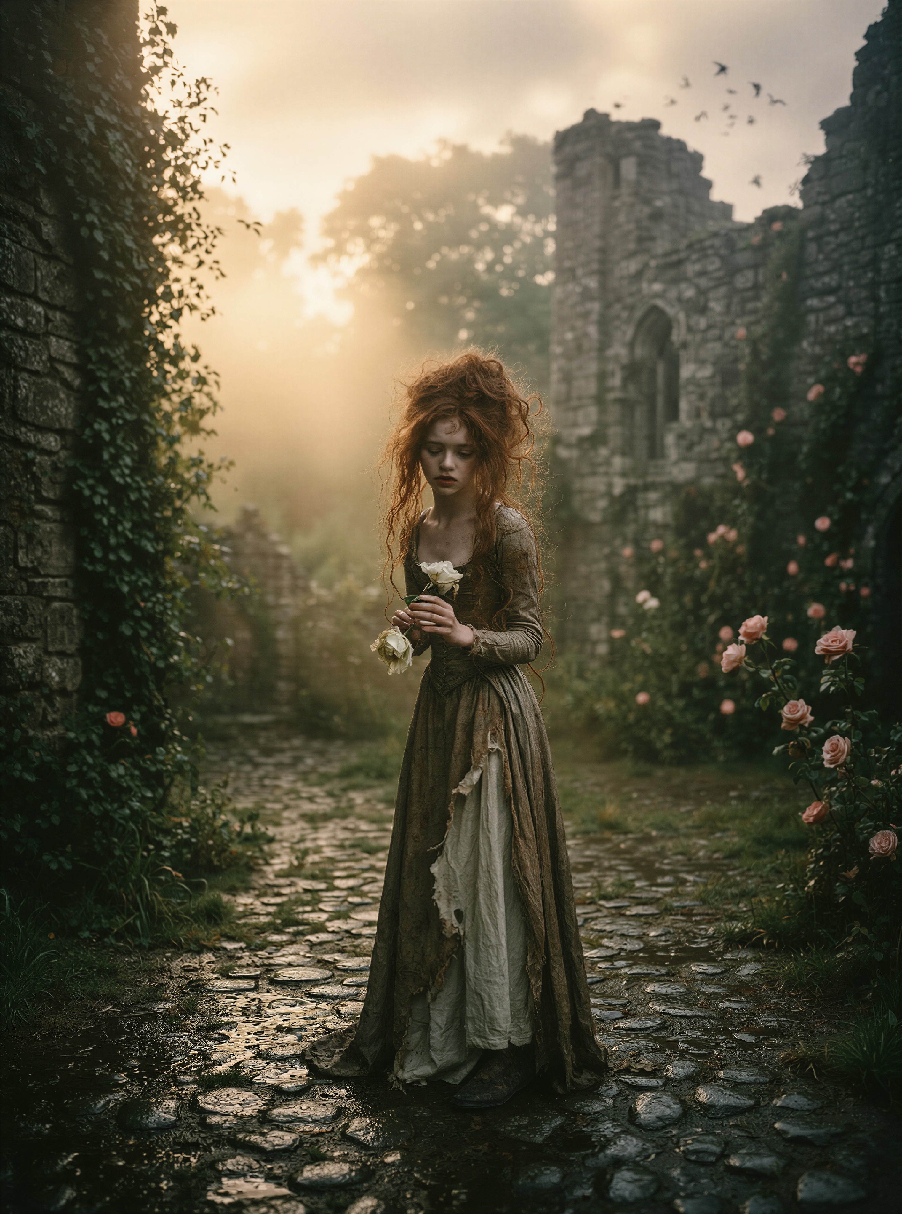 Melancholic Young Woman in Misty Medieval Courtyard — AI generated image
