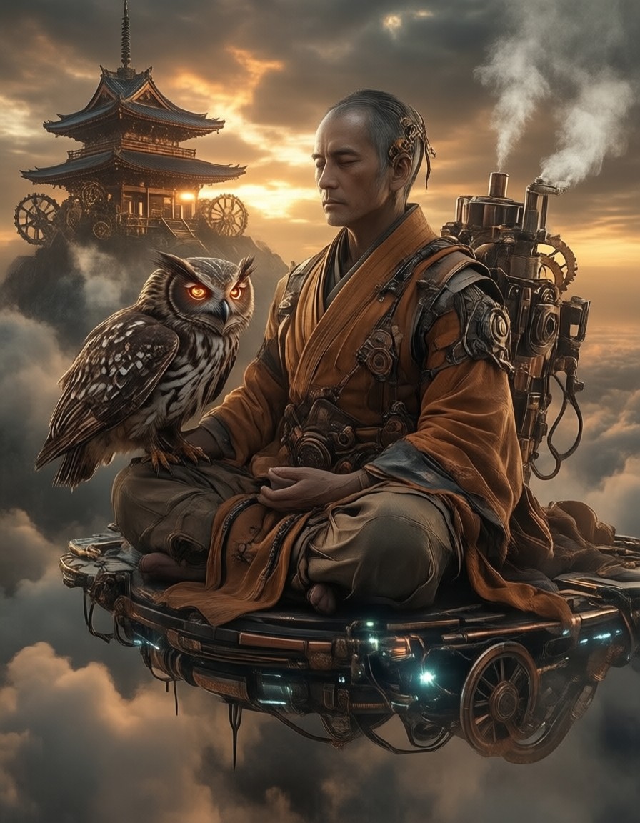 Zen Monk in Steampunk Japan — AI generated image