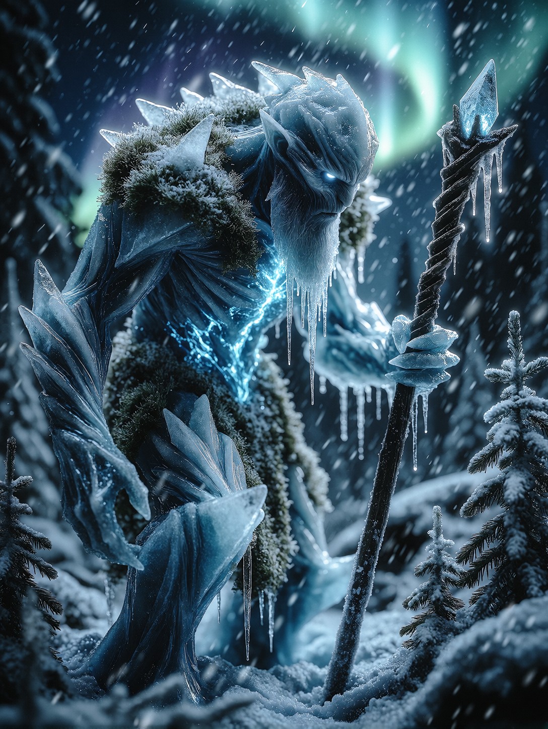 Towering Ice Giant In A Frozen Forest — AI generated image