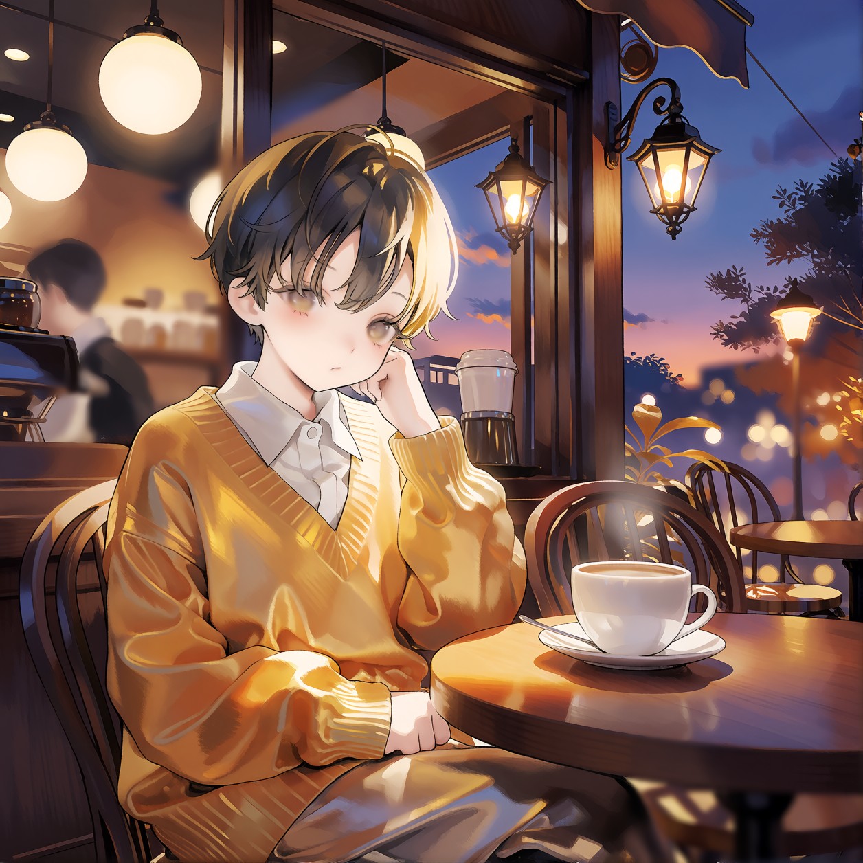 Stylish Anime Character in Cozy Twilight Cafe — AI generated image