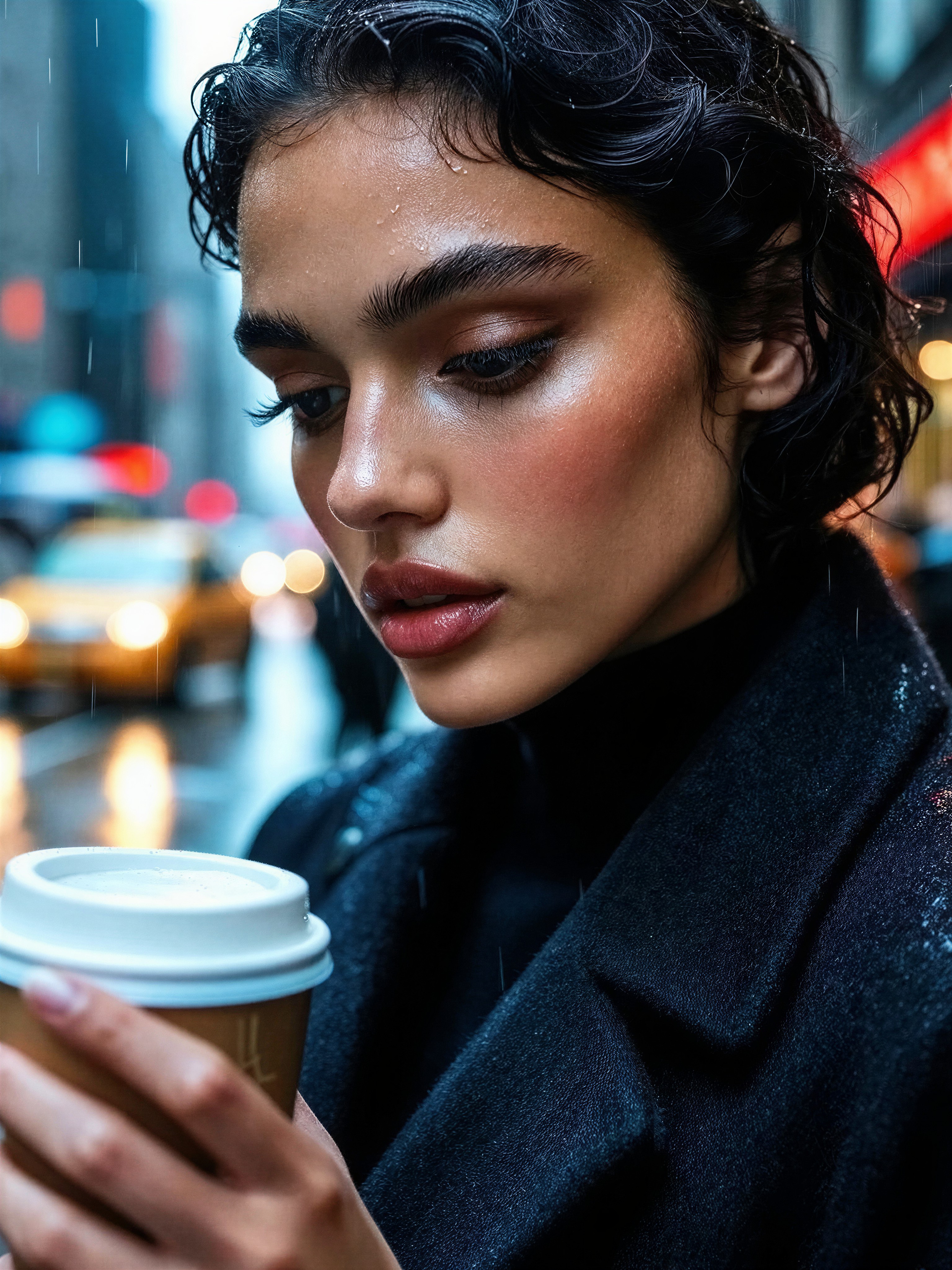 Candid Close-Up of Young Woman in Rainy NYC Street — AI generated image