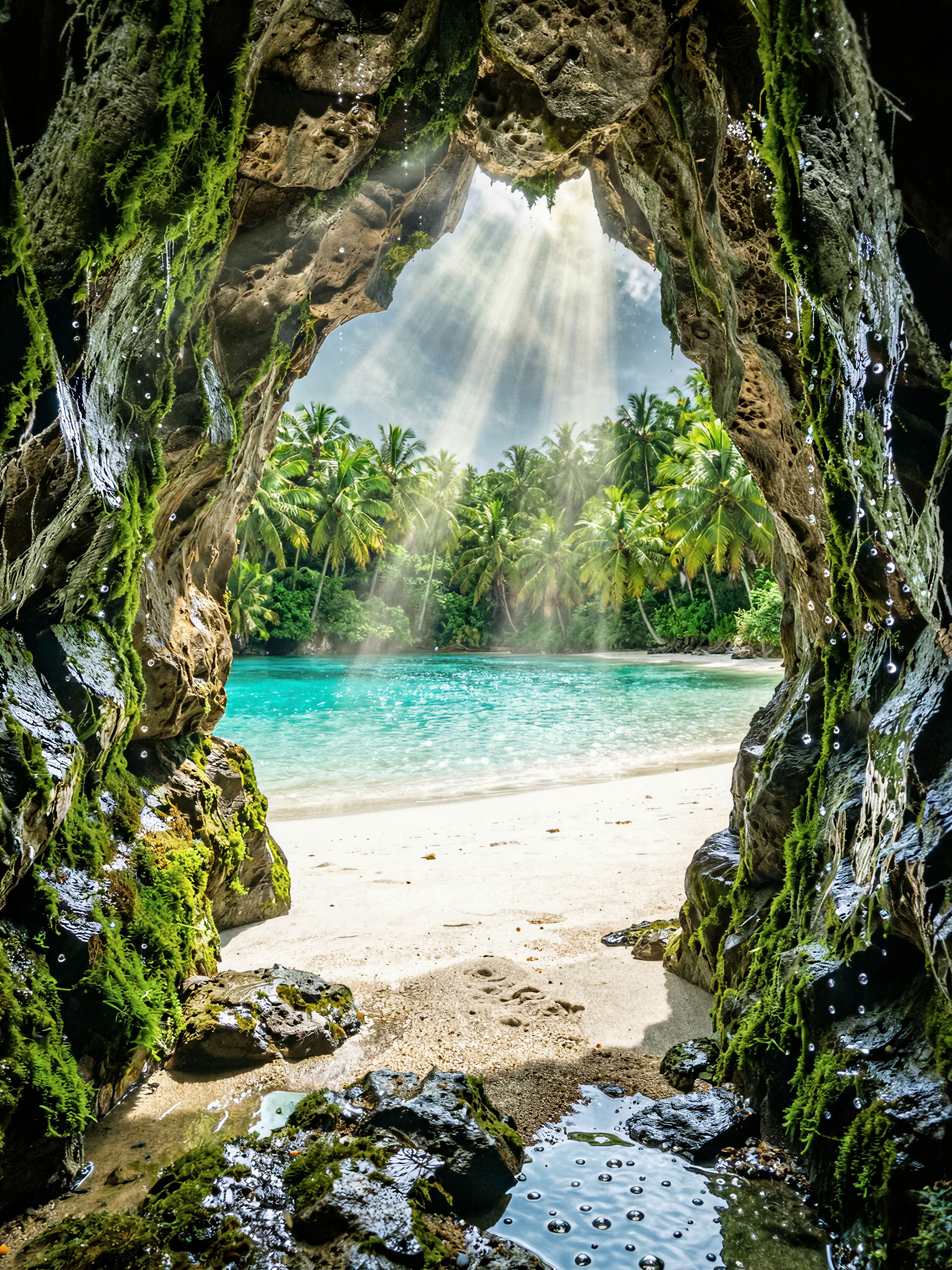 Pristine Tropical Beach from Sea Cave — AI generated image