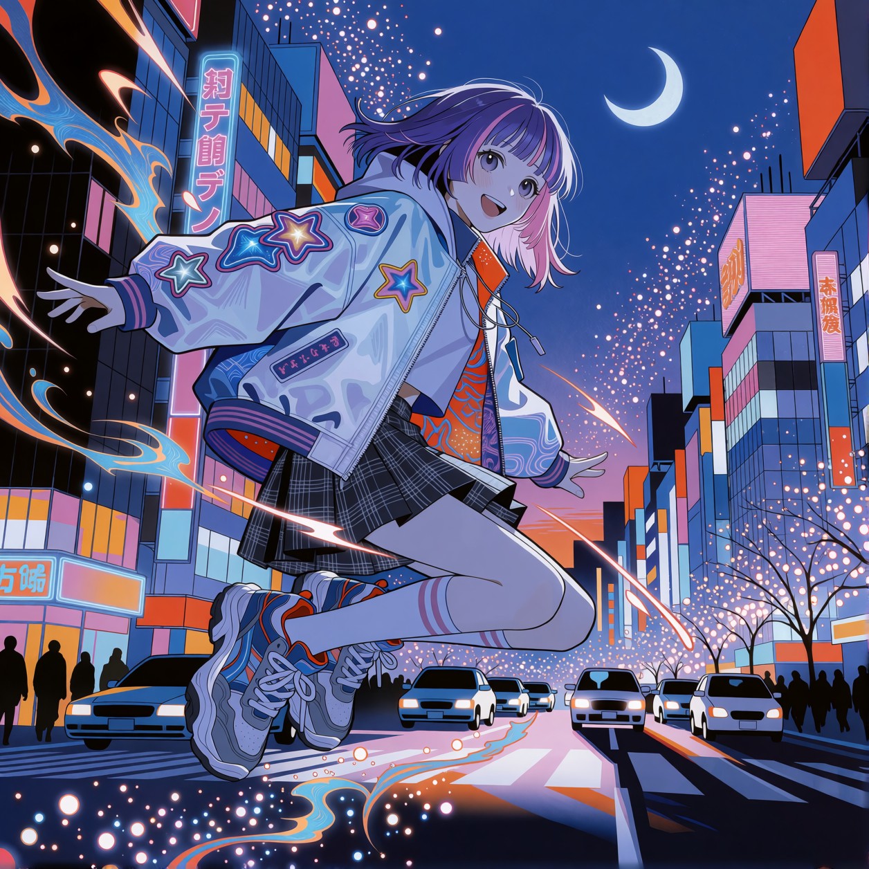 Dynamic Anime Girl Leaping in Futuristic Tokyo — AI generated image