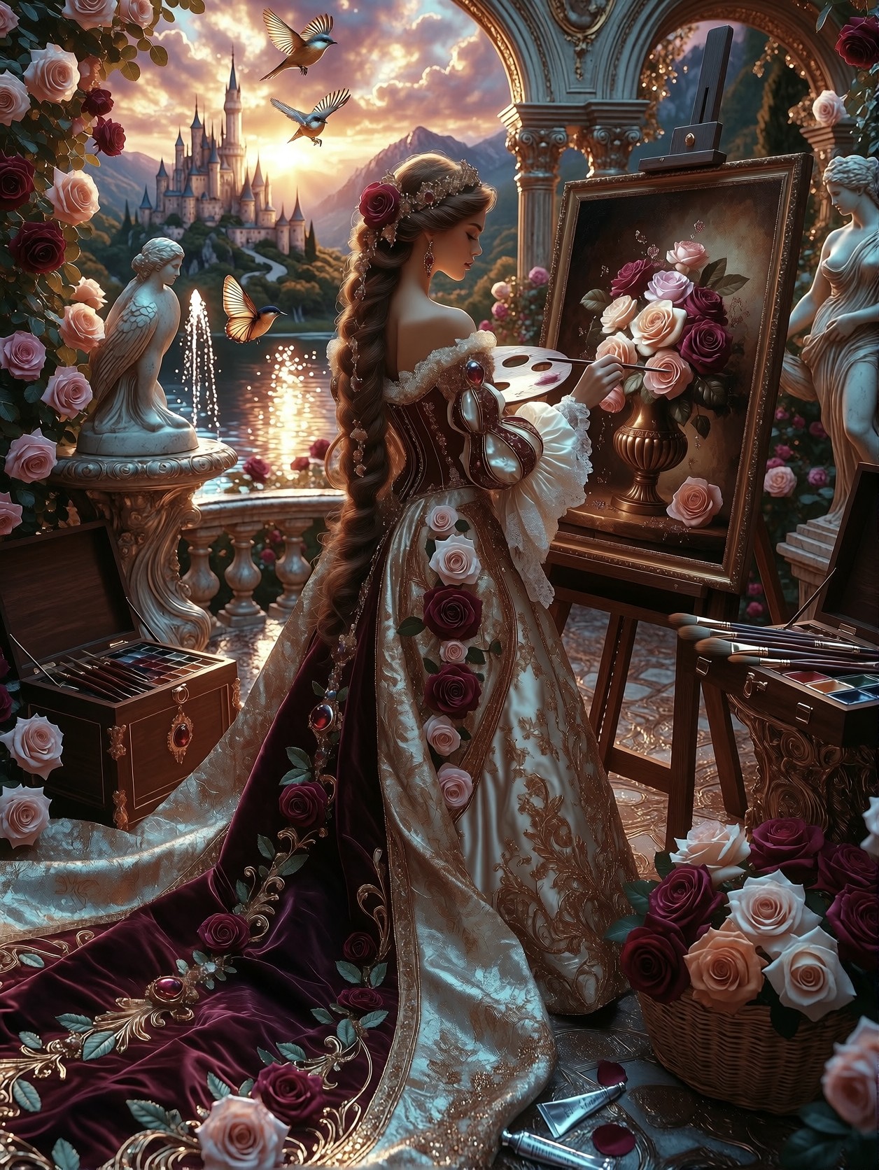 Noblewoman Painting in Opulent Palace Garden — AI generated image
