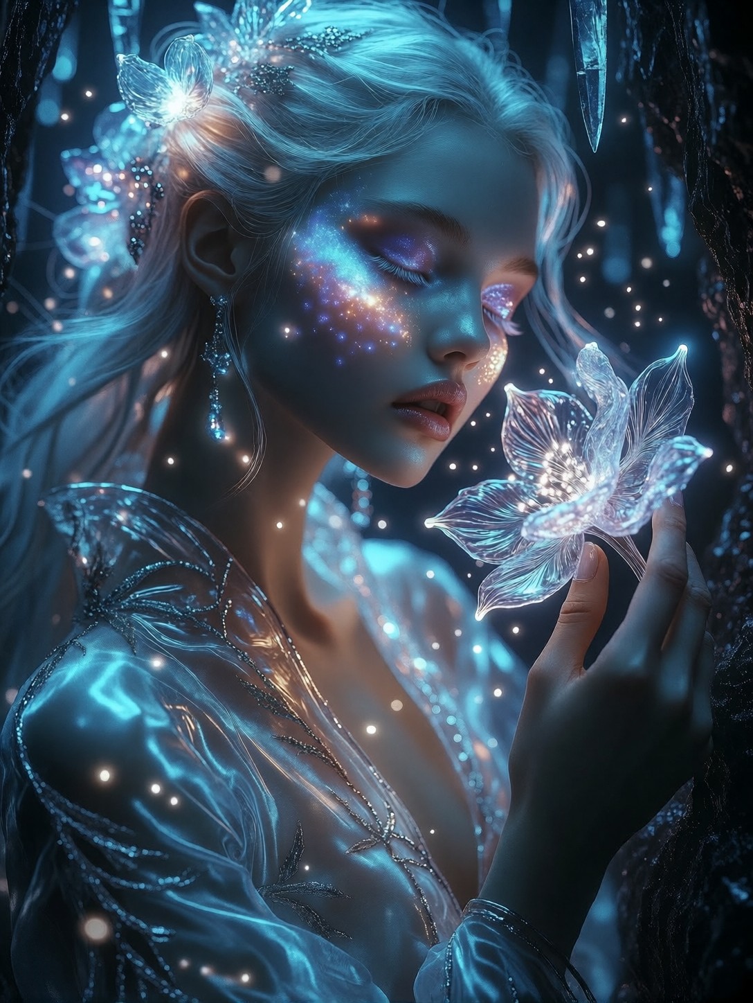 Ethereal Woman In Bioluminescent Cavern — AI generated image