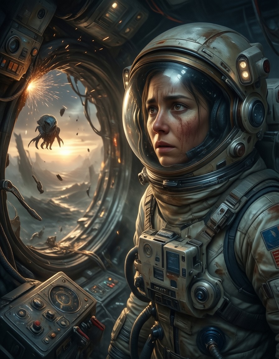 Astronaut at Damaged Spaceship Airlock — AI generated image