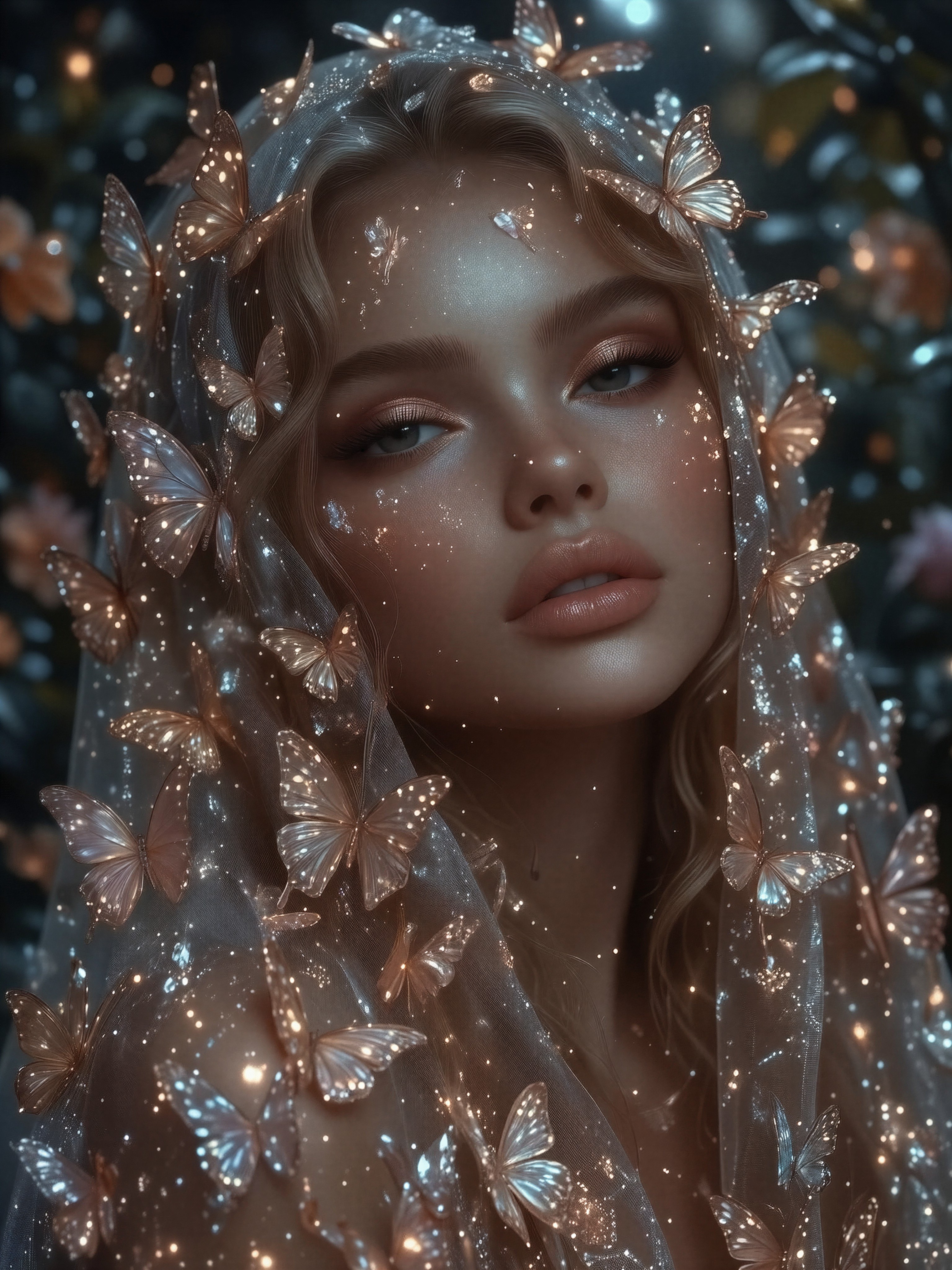 Ethereal Girl in Crystal Butterfly Veil — AI generated image