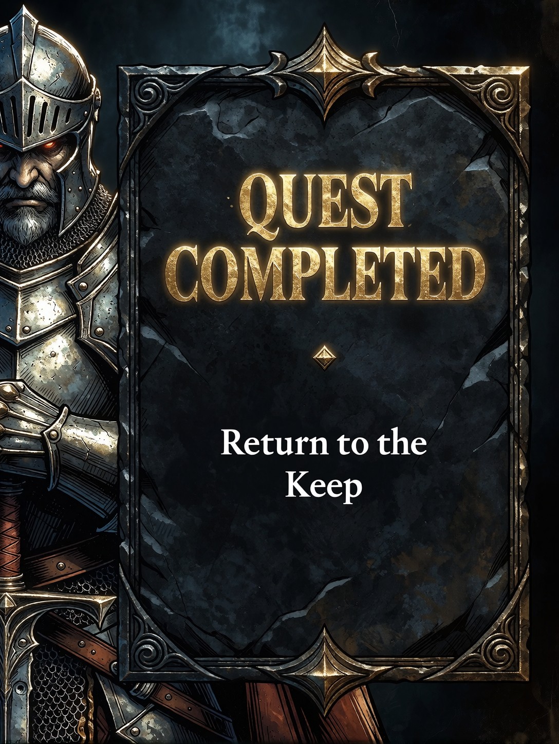 Dark Fantasy Game UI with Stern Knight and Glowing Text — AI generated image