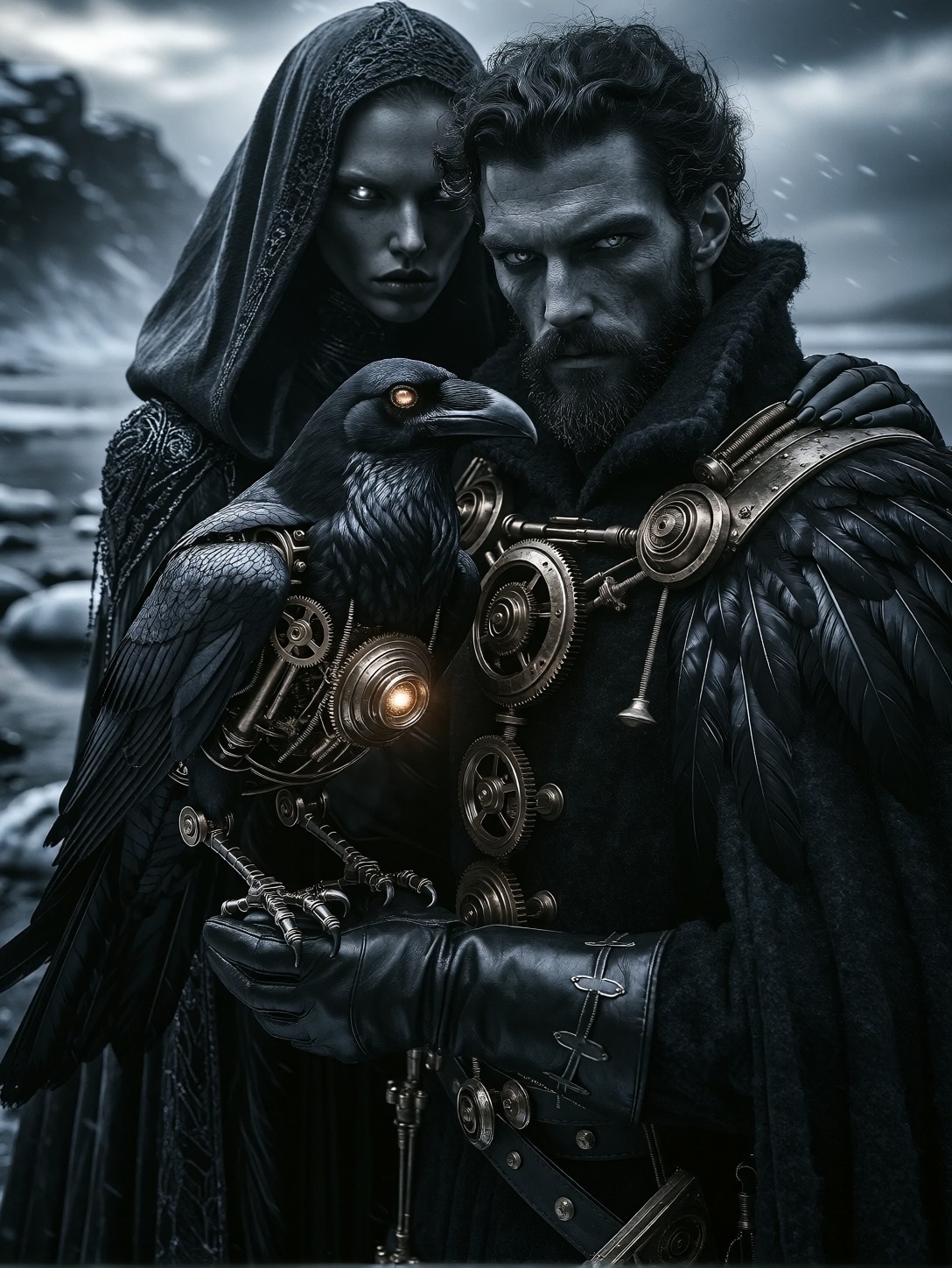 Mysterious Man Holding A Mechanical Raven — AI generated image