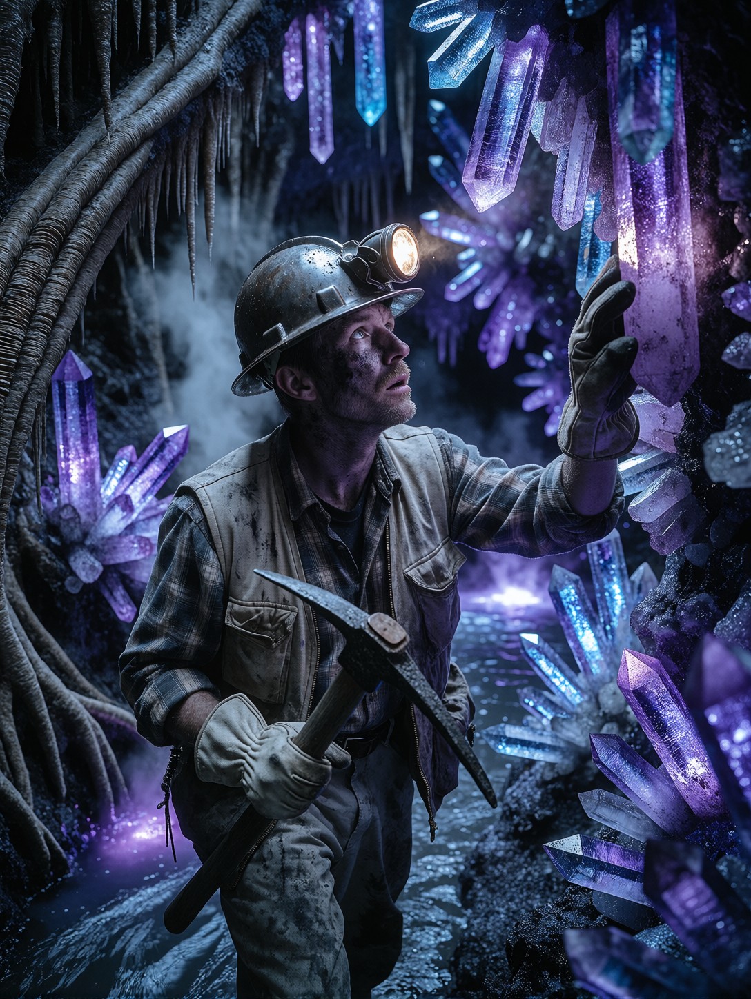 Lone Miner In Glowing Crystal Cavern — AI generated image