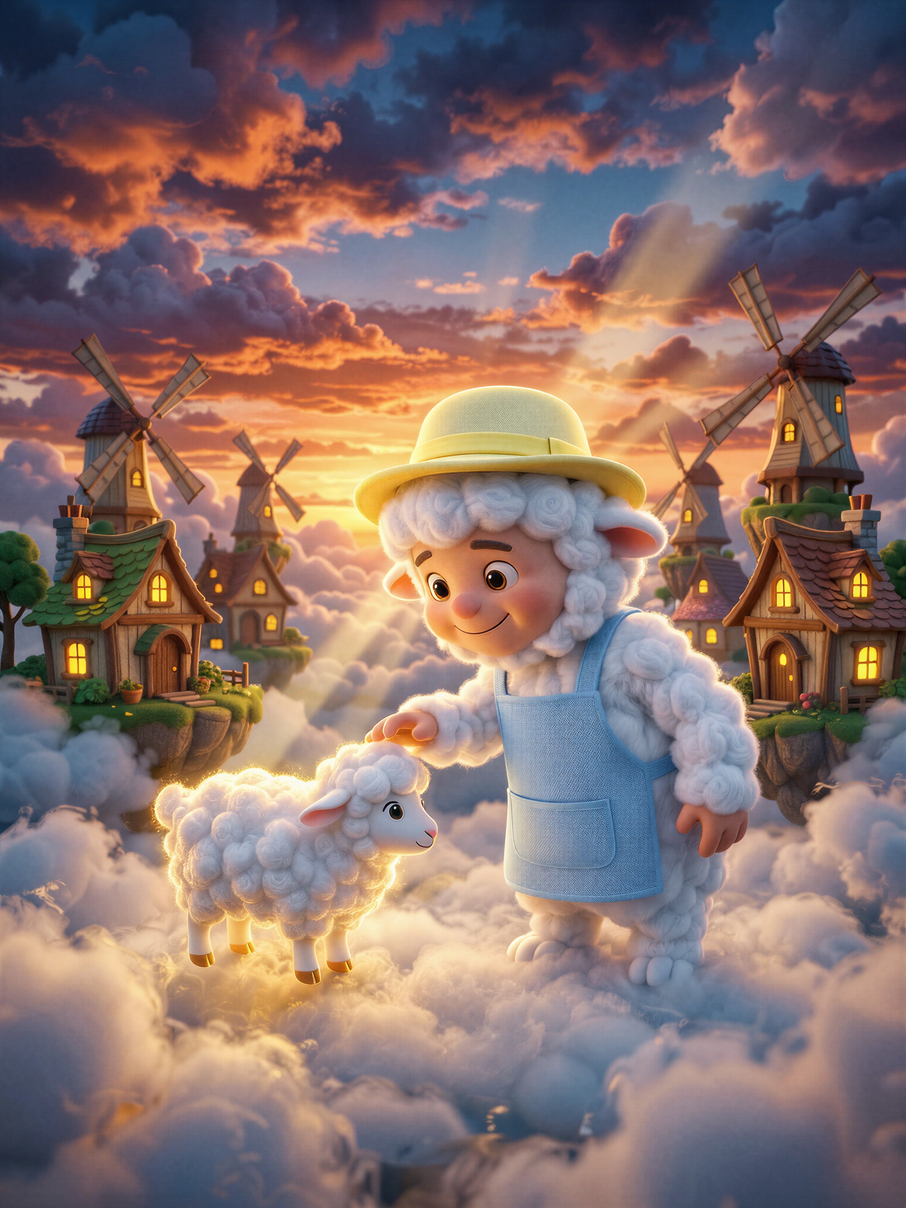 Pixar Style Cloud Shepherd Over Floating Village — AI generated image