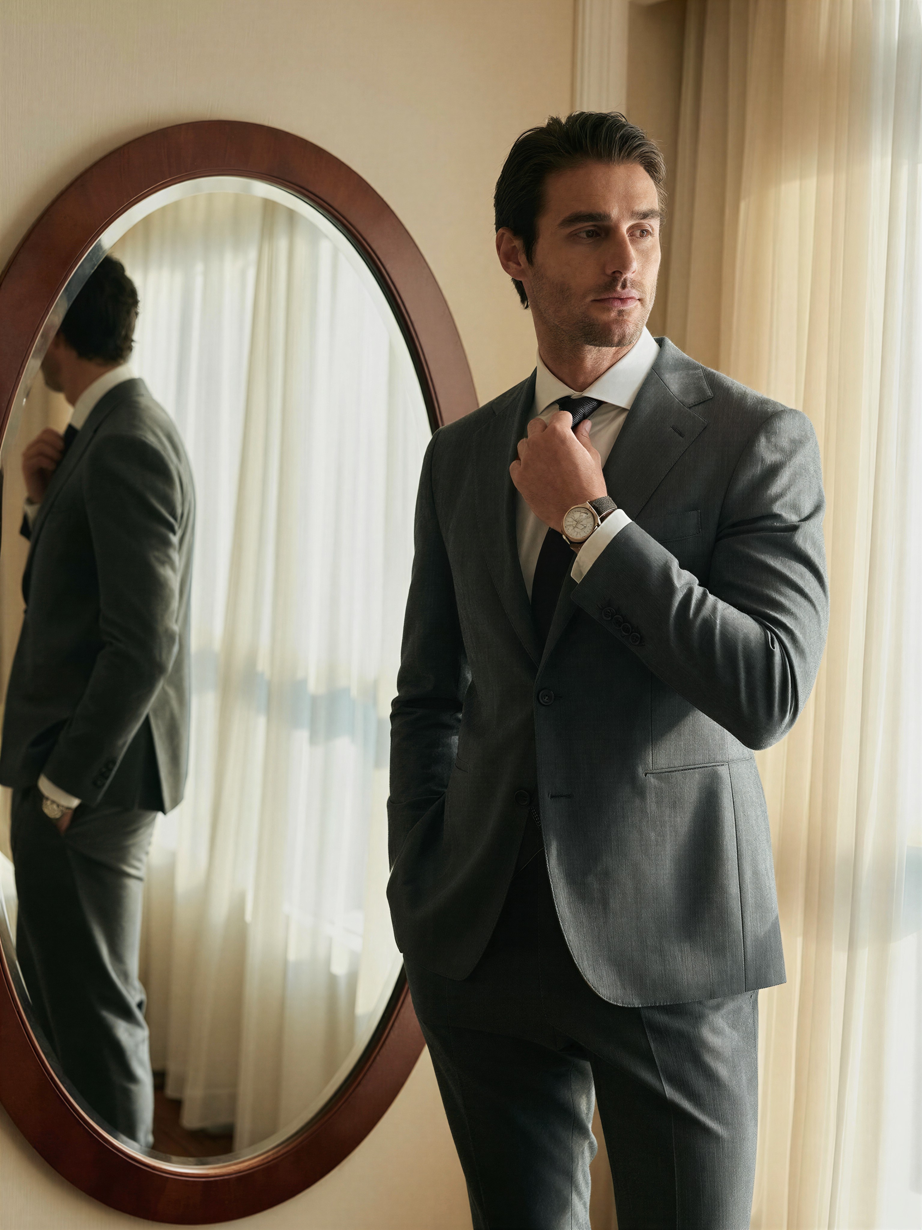 Charcoal Suit Gentleman in Luxury Hotel — AI generated image