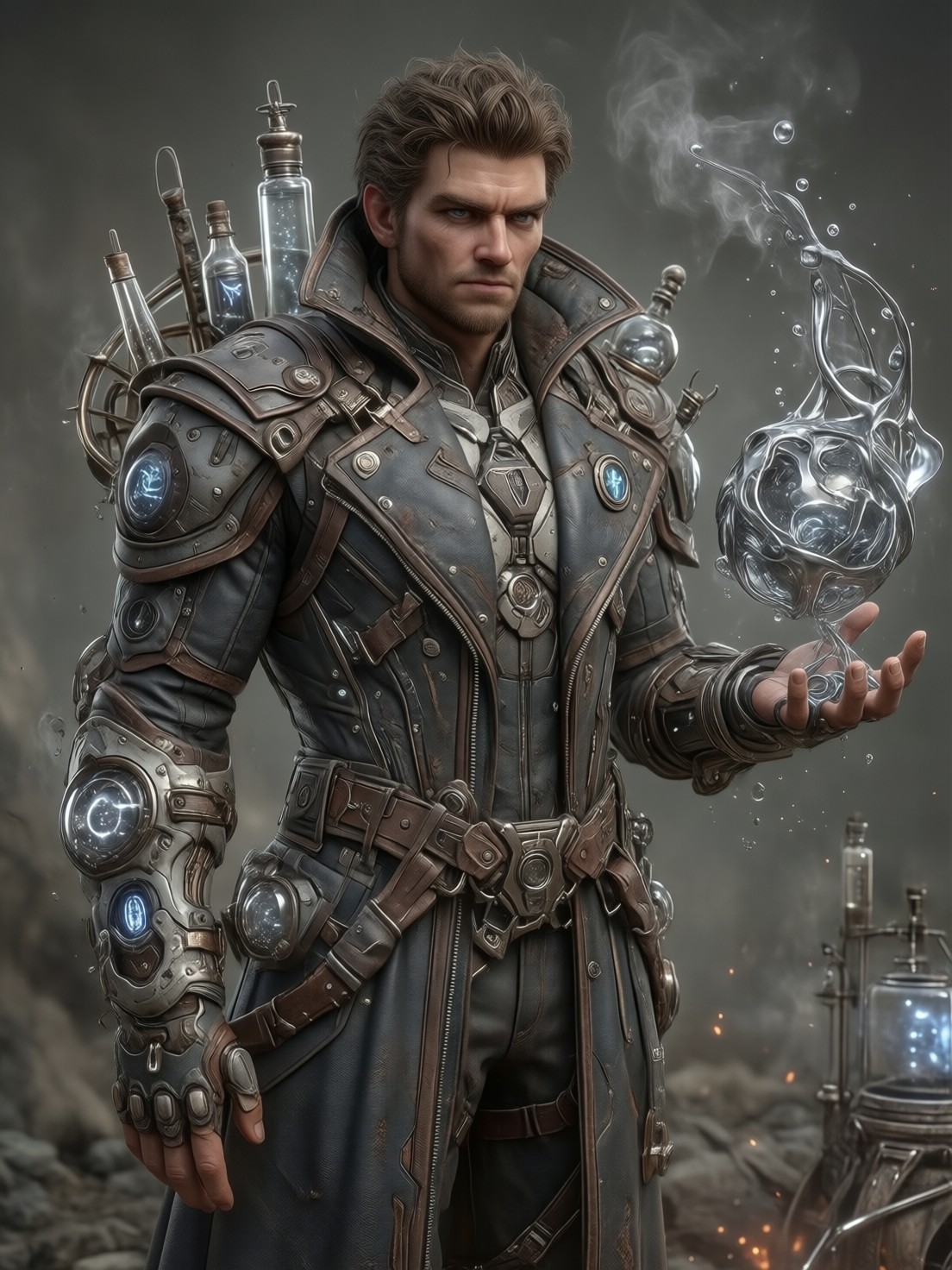 Futuristic Alchemist with Silver Vials — AI generated image