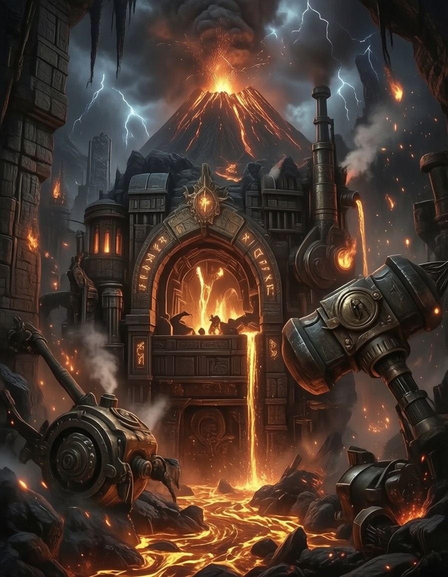 Volcanic Forge with Molten Gold Rivers and Giant Mechanical Hammers — AI generated image