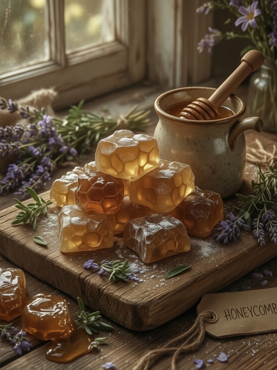 Rustic Honeycomb Candies Artisanal Display — AI generated image