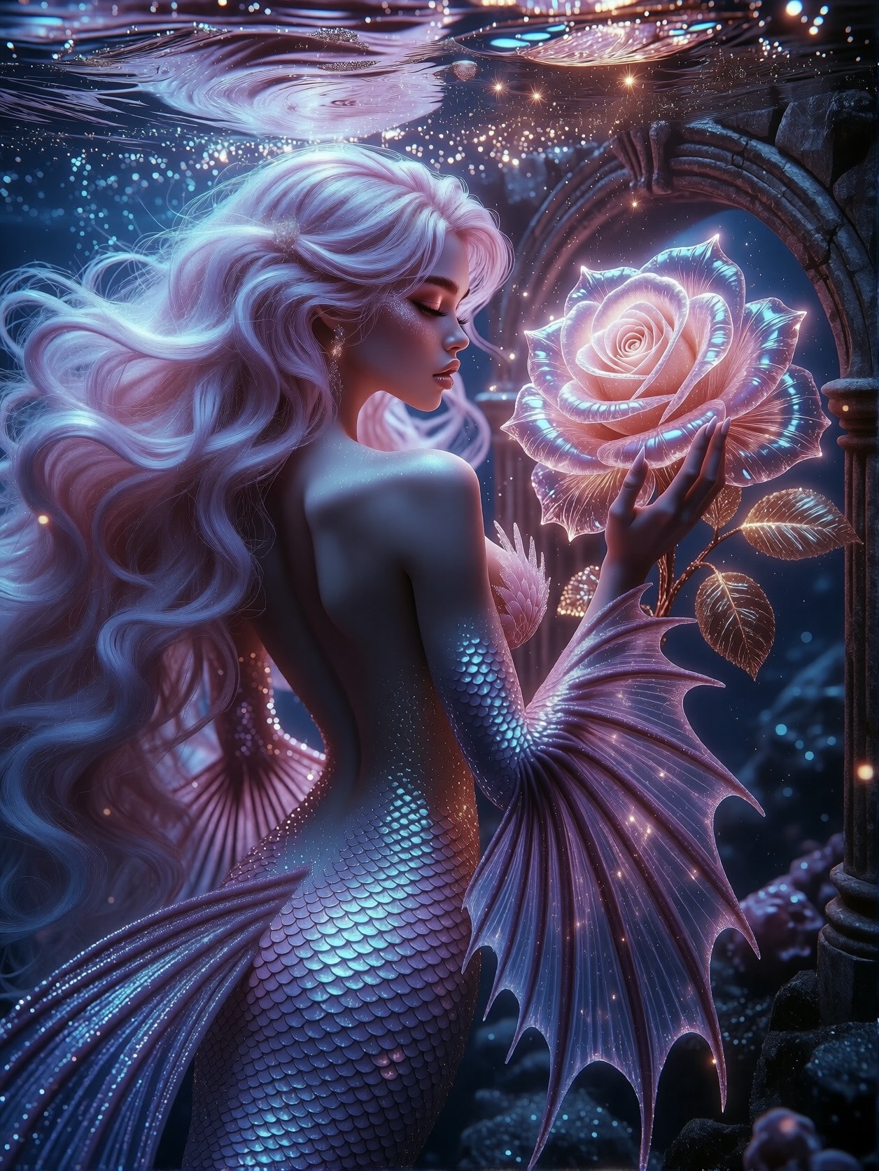 Ethereal Siren with Glass Rose — AI generated image