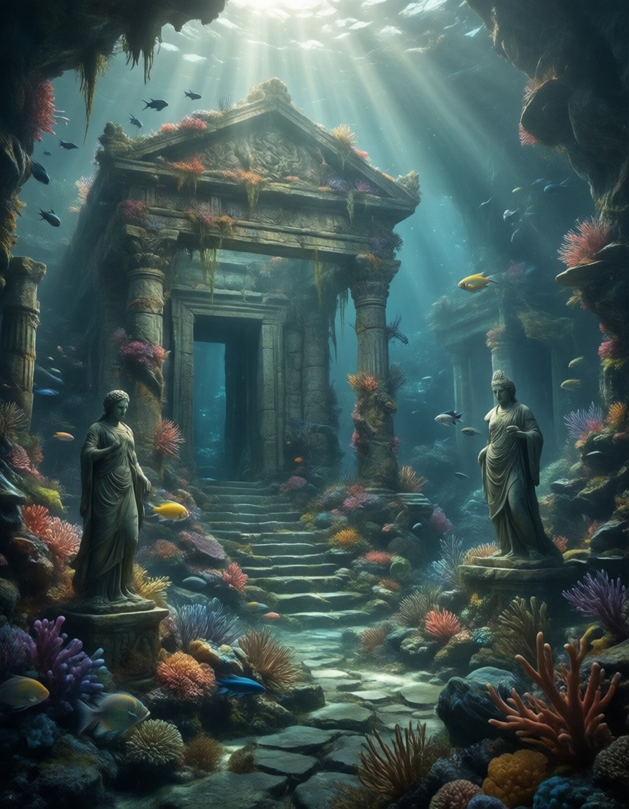 Ancient Sunken Temple Underwater — AI generated image