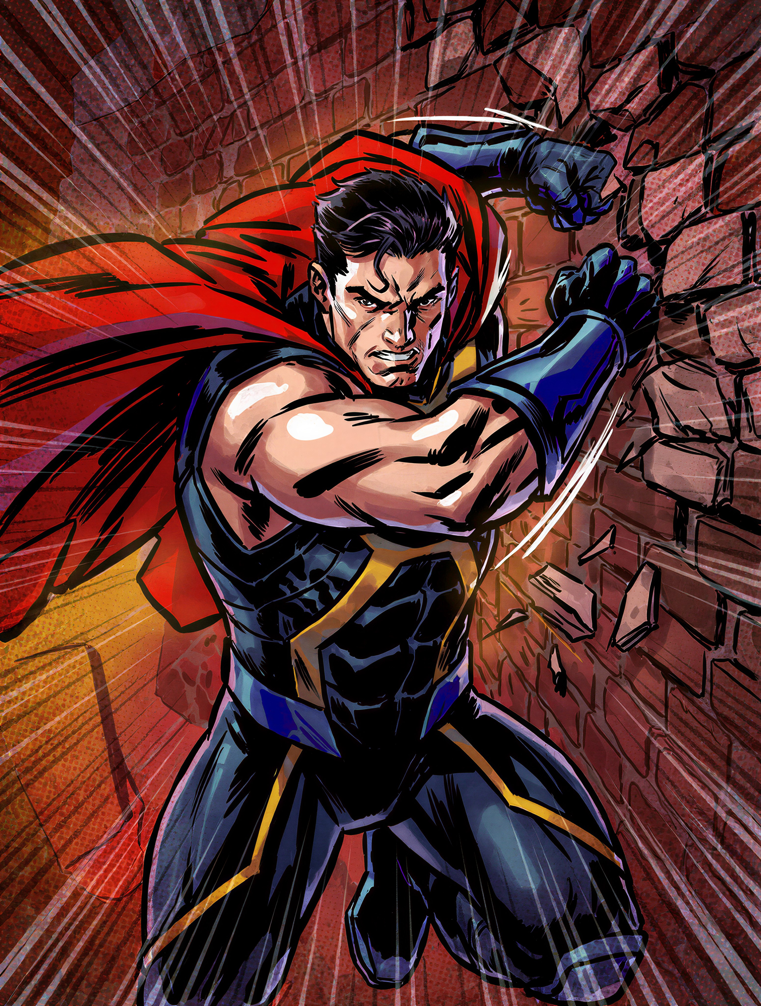 Superhero Mid-Punch Shattering Wall in Comic Style — AI generated image