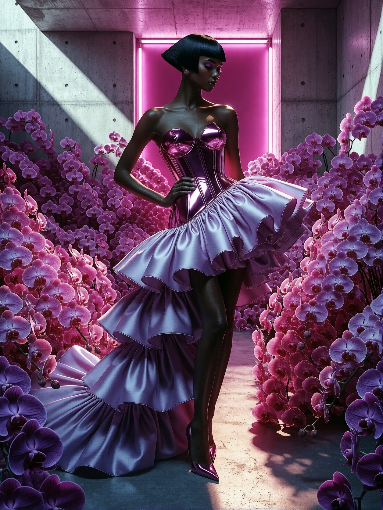 Avant-Garde Model in Neon-Lit Floral Hall — AI generated image