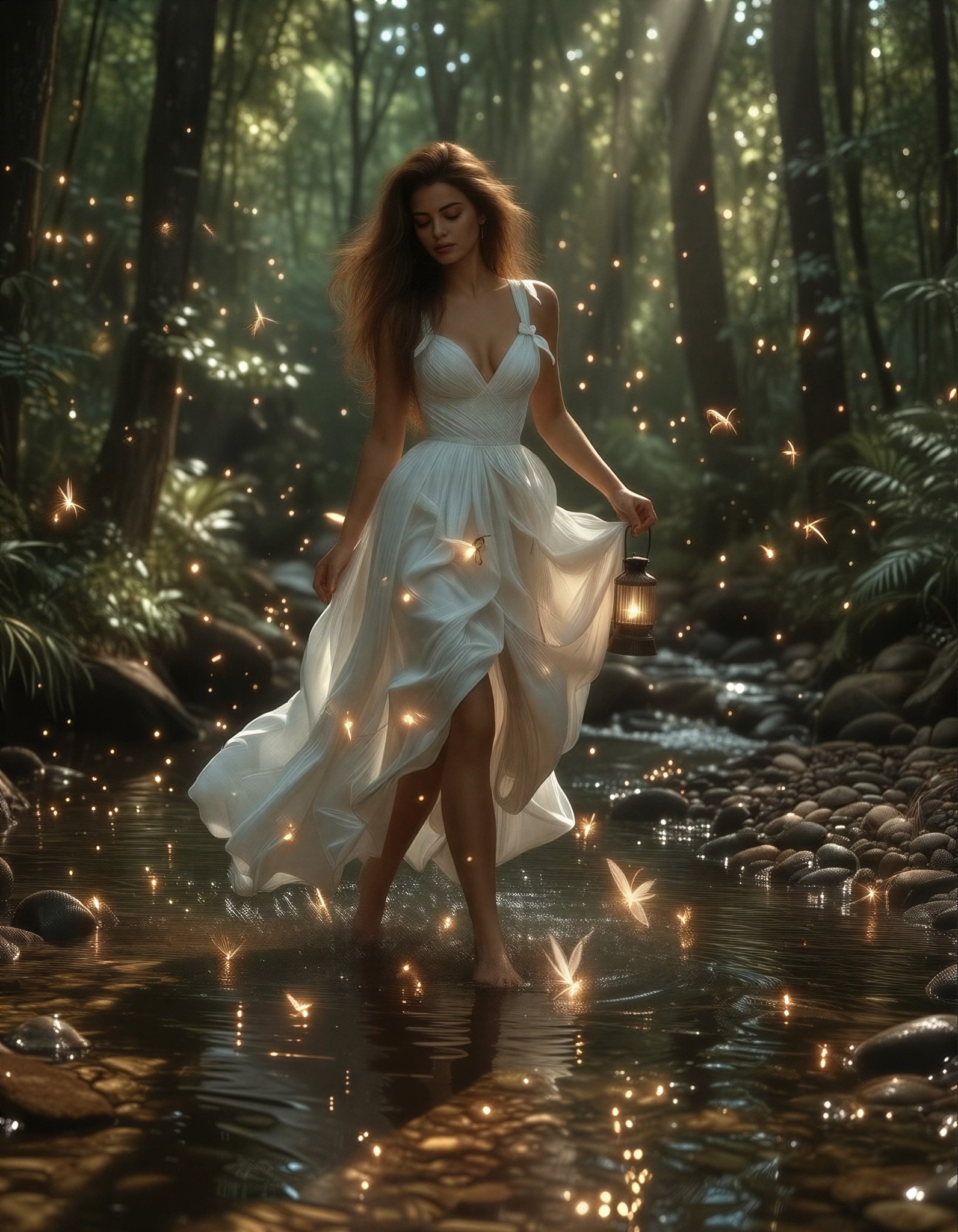 White Dress Woman with Glowing Fireflies — AI generated image