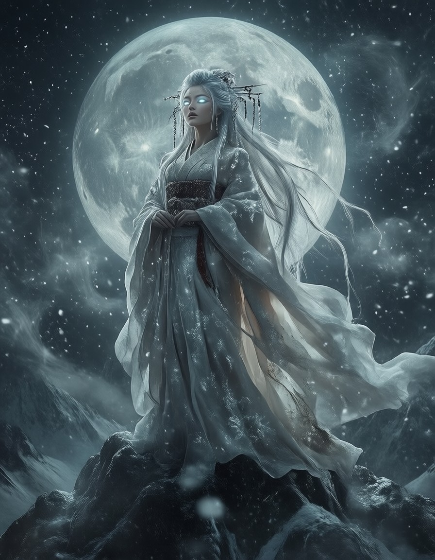 Celestial Snow Maiden in Icy Kimono — AI generated image