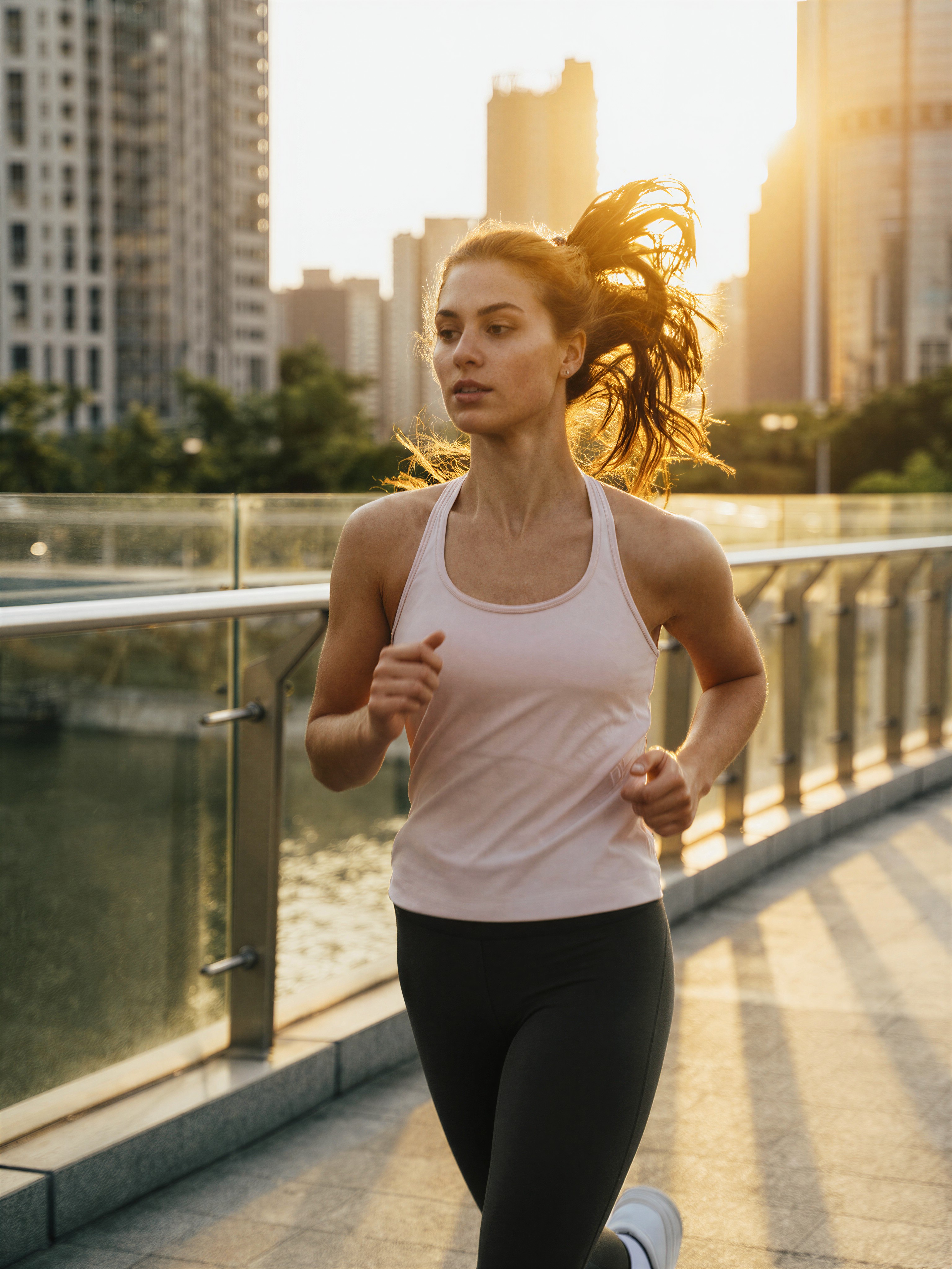 Athletic Woman Running on Glass Bridge at Golden Hour — AI generated image