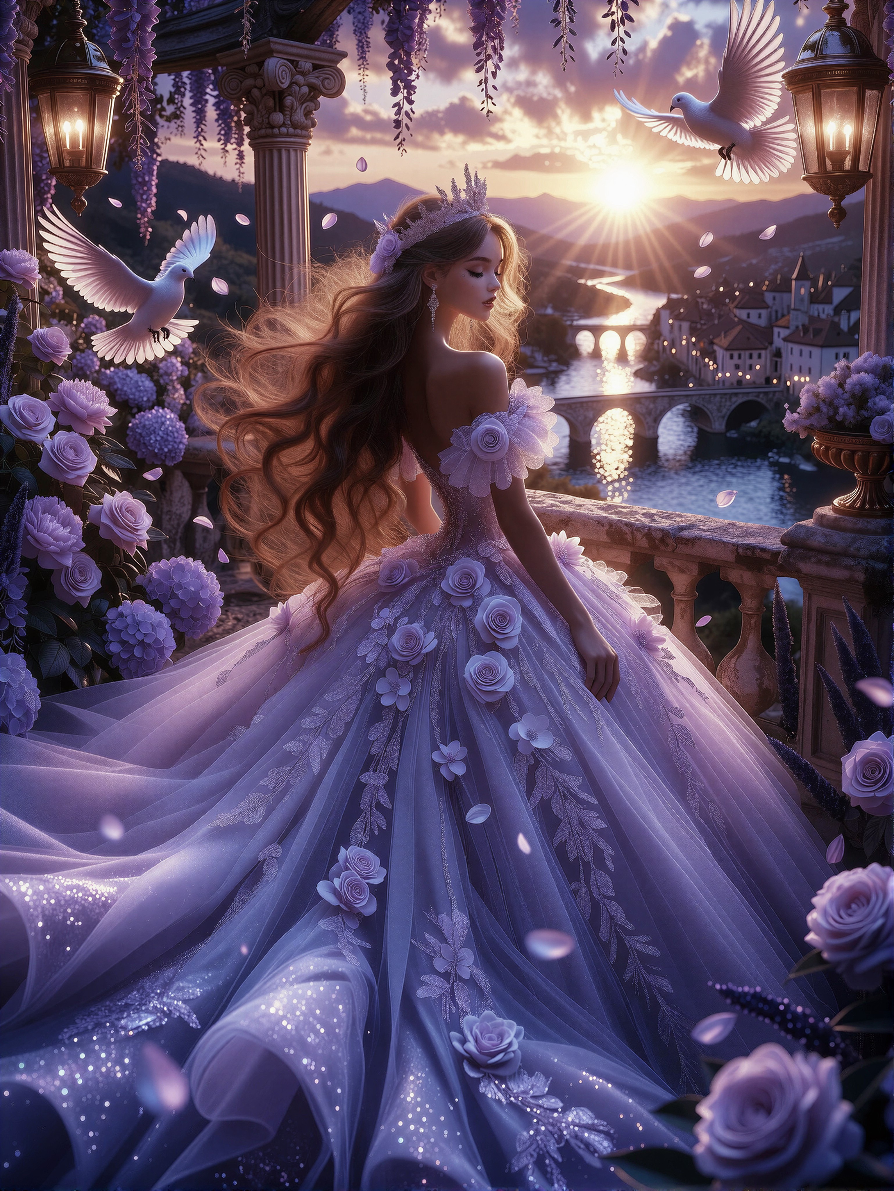 Graceful Noblewoman at Sunset Terrace — AI generated image