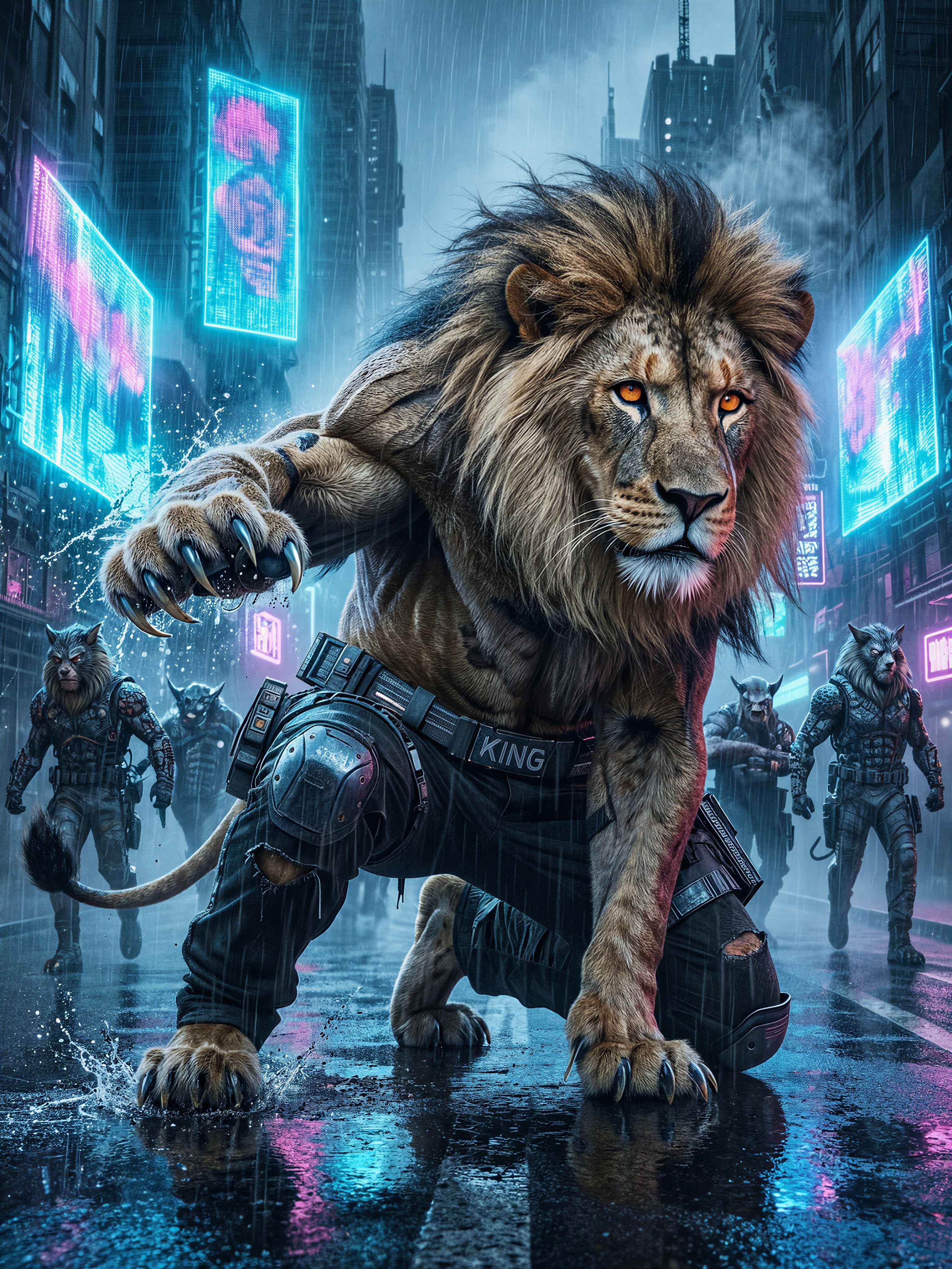 Cyberpunk Lion Warrior in Neon Rain — AI generated image