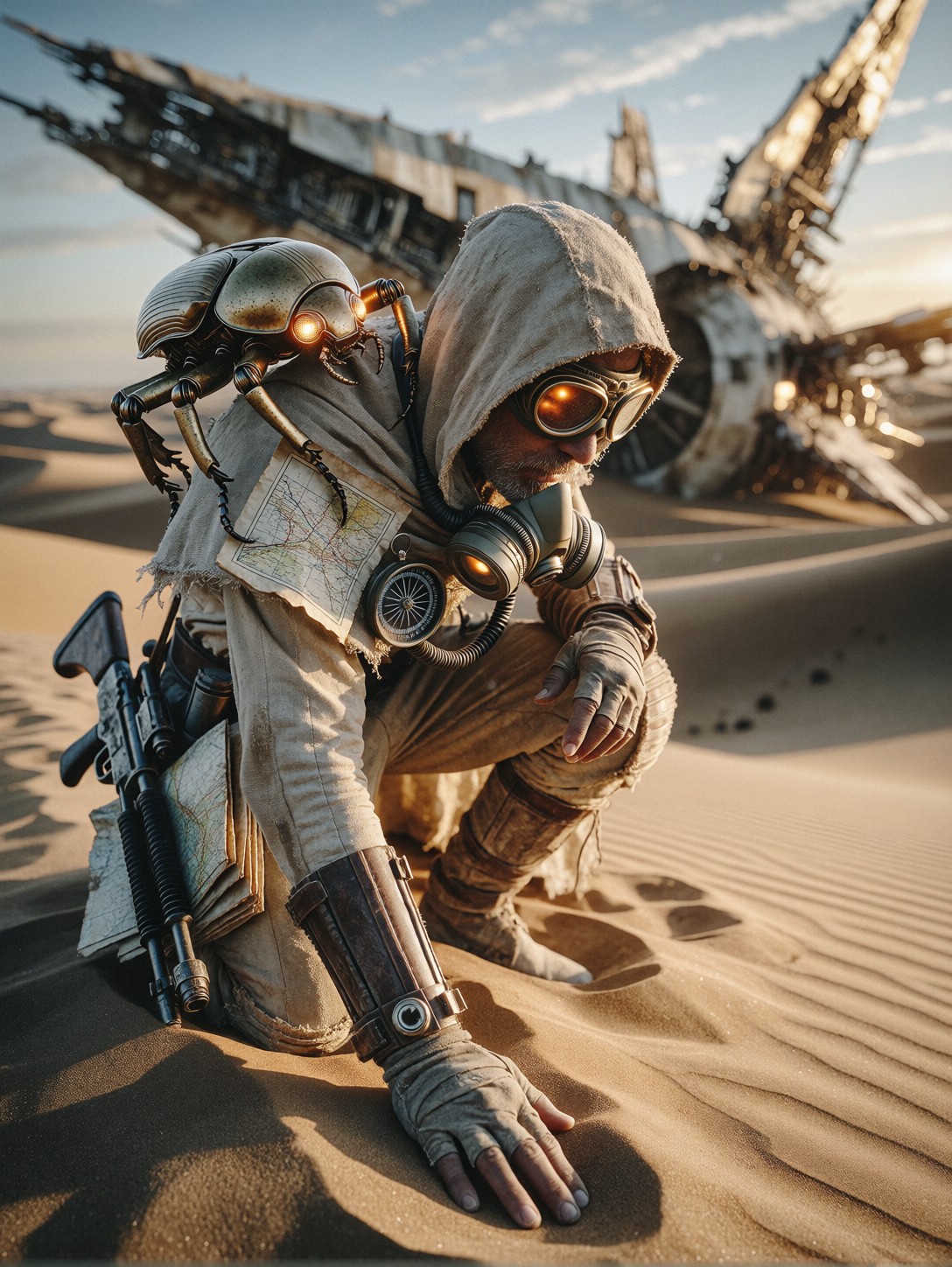 Weathered Desert Tracker With Mechanical Scarab — AI generated image
