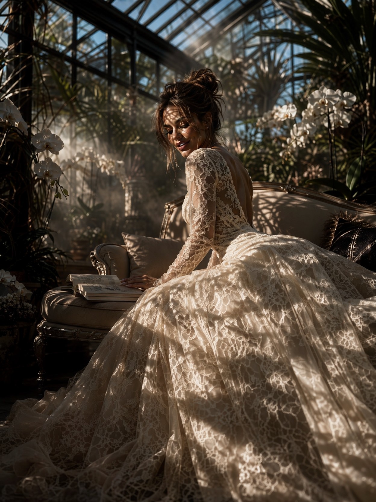 Reclining in Sunlit Lace Ballgown — AI generated image