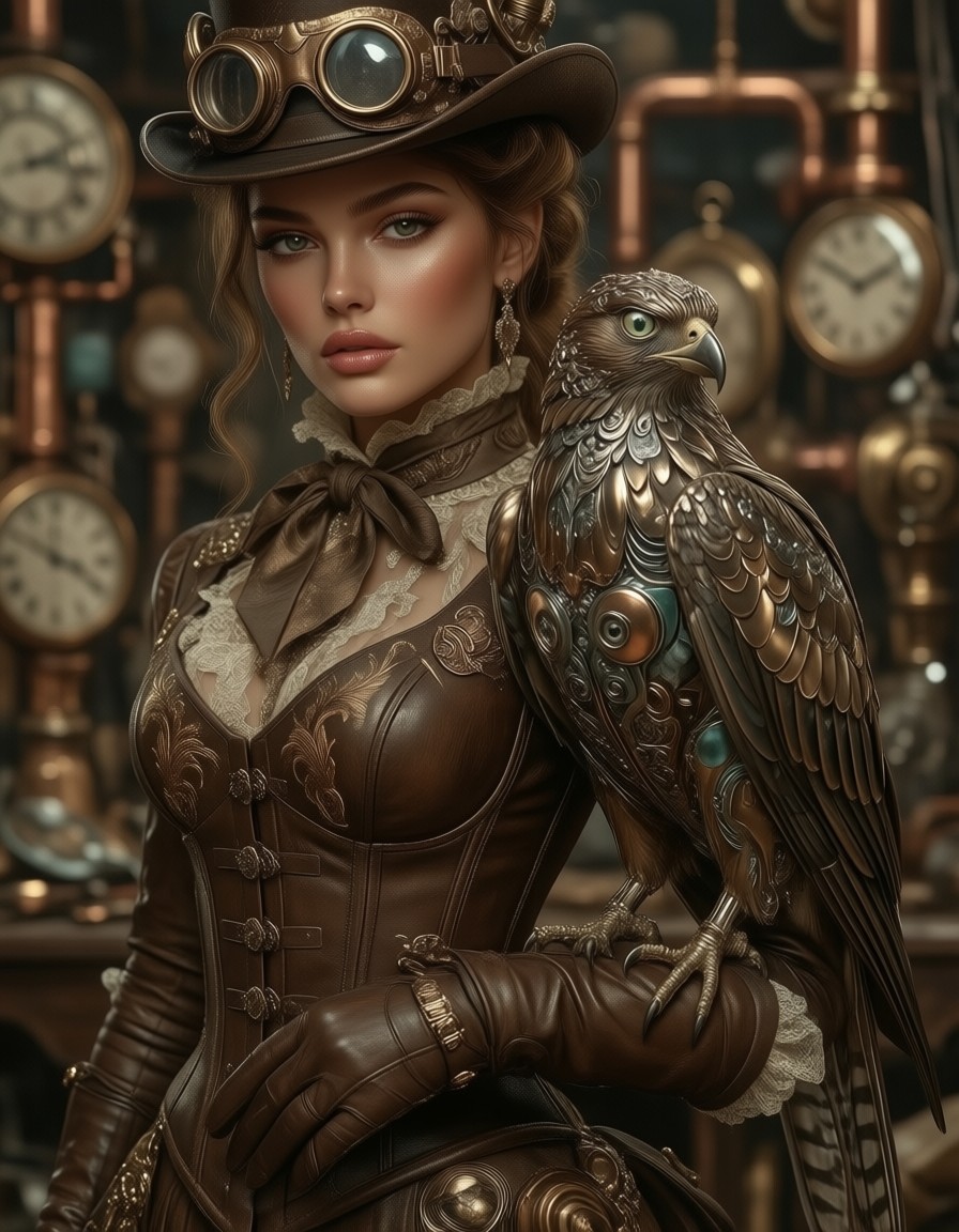 Elegant Victorian Woman with Mechanical Falcon — AI generated image