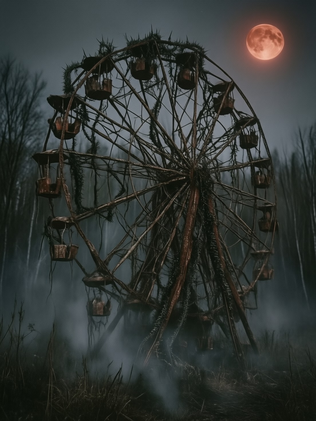 Twisted Ferris Wheel in Haunted Forest — AI generated image