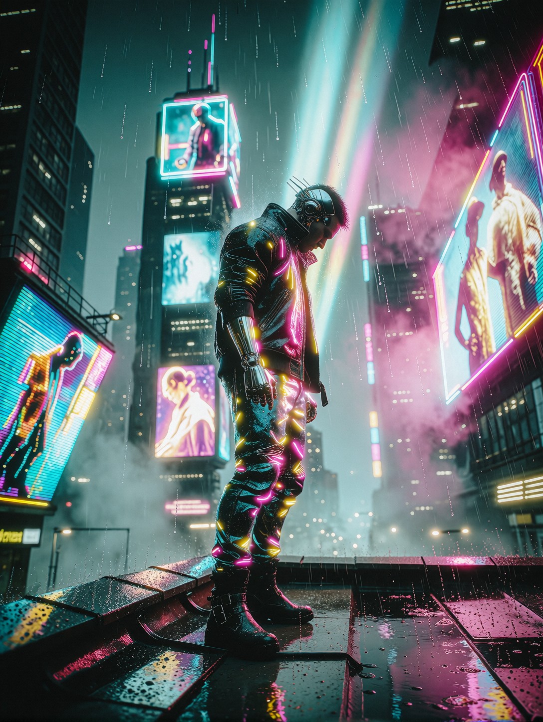 Cyberpunk Mercenary on Rain-Slicked Rooftop — AI generated image