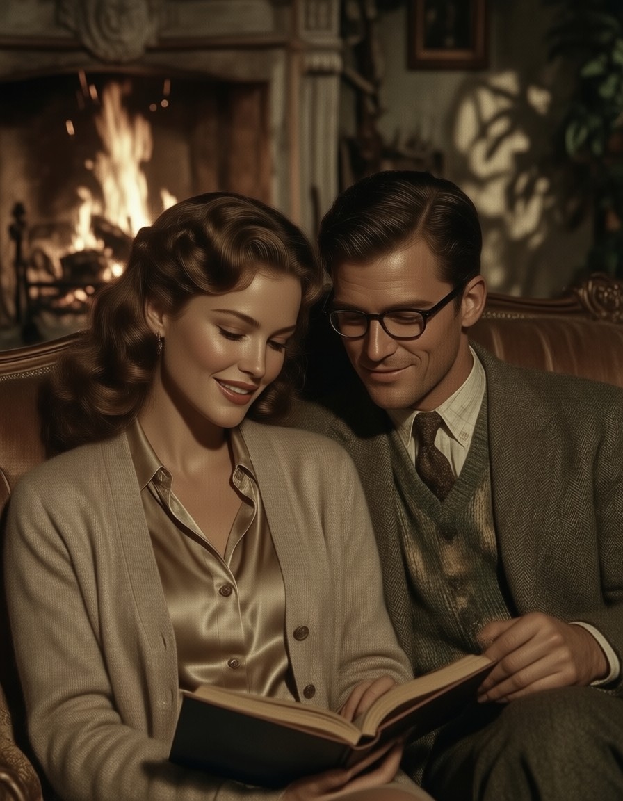 Cozy Vintage Romance by Fireplace — AI generated image
