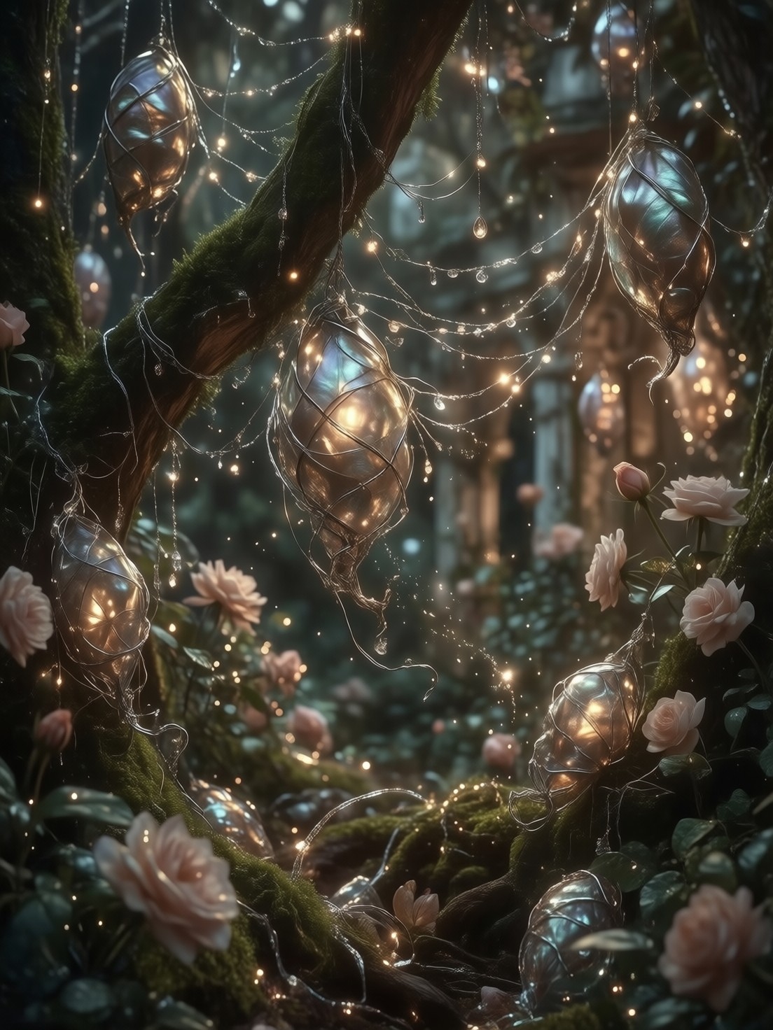 Twilight Garden with Floating Silk Cocoons — AI generated image