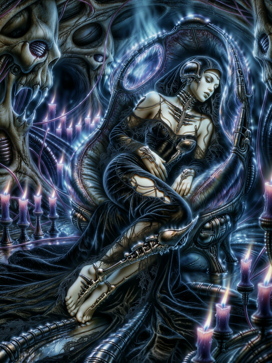 Sleeping Gothic Muse In Biomechanical Chrysalis — AI generated image