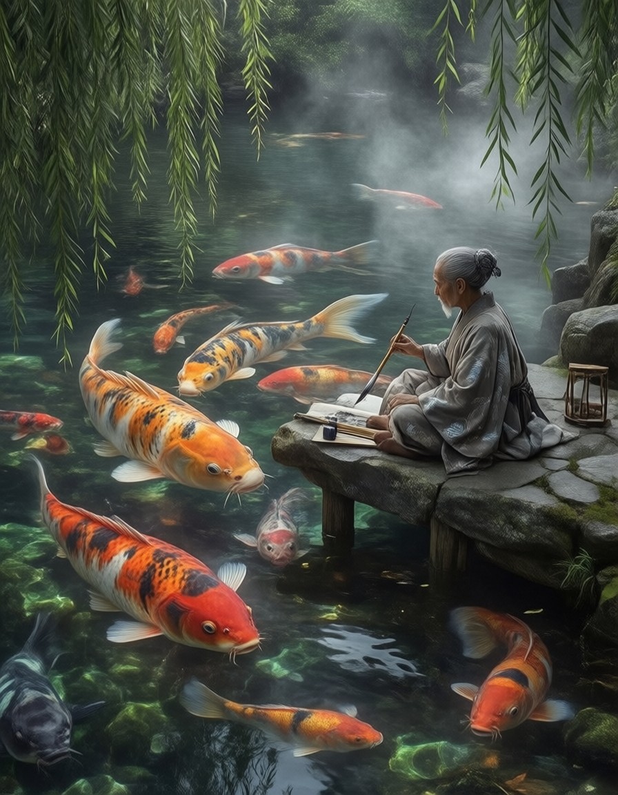 Elderly Calligrapher and Koi in Serene Pond — AI generated image