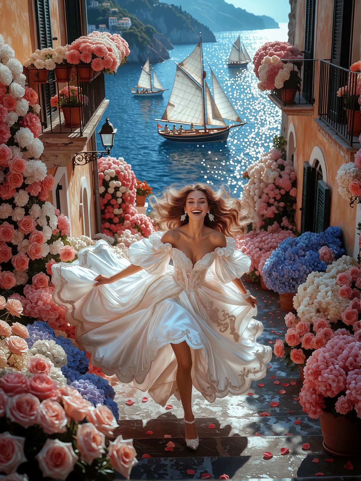 Joyful Woman in White Dress Runs Through Italian Street — AI generated image