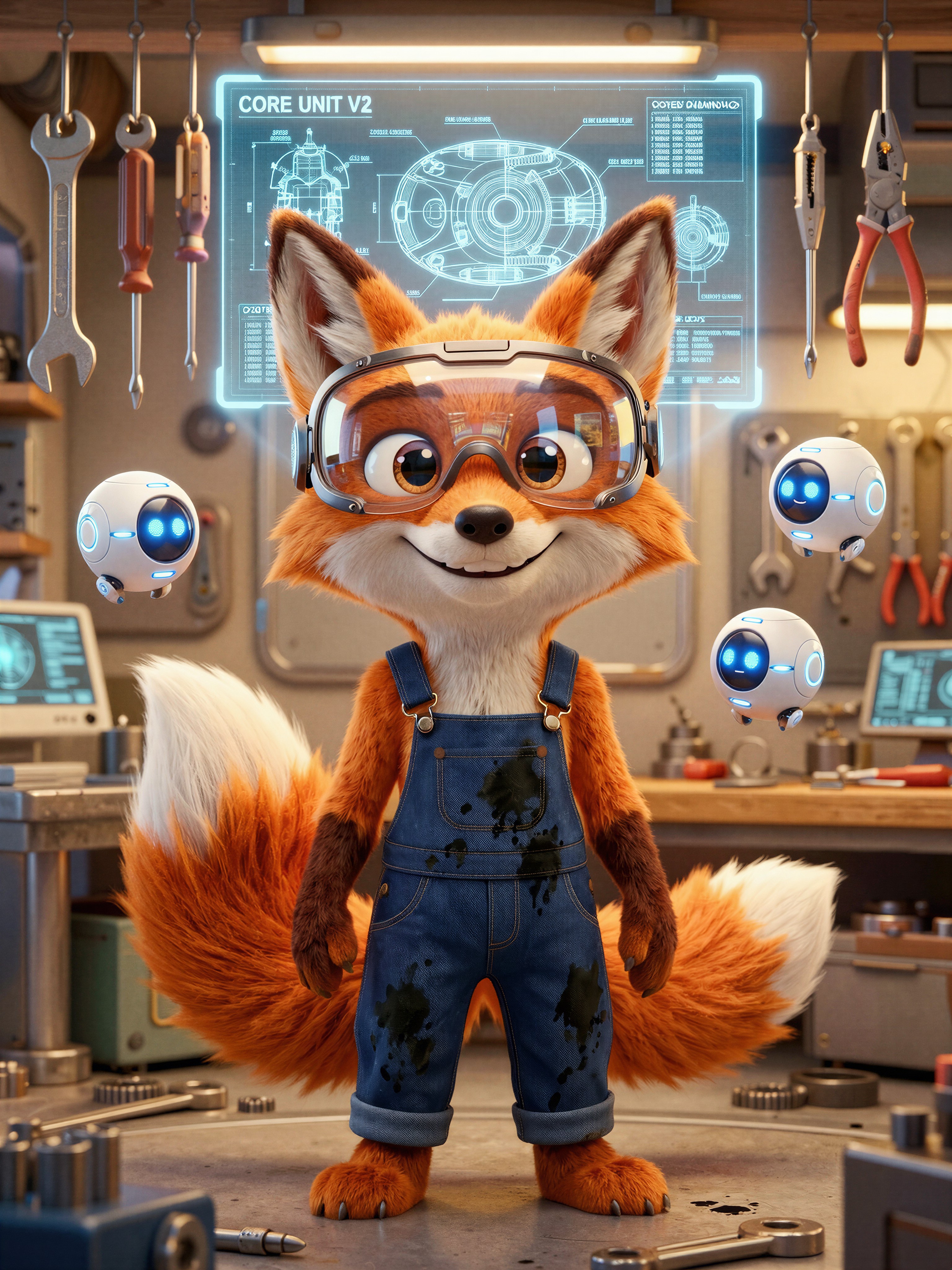 Pixar Fox Mechanic in Workshop — AI generated image