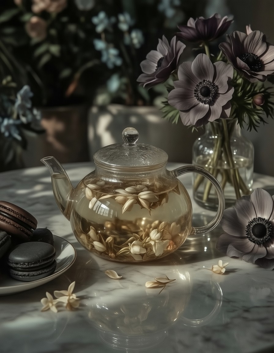 Minimalist Tea Setup with Macarons and Anemones — AI generated image