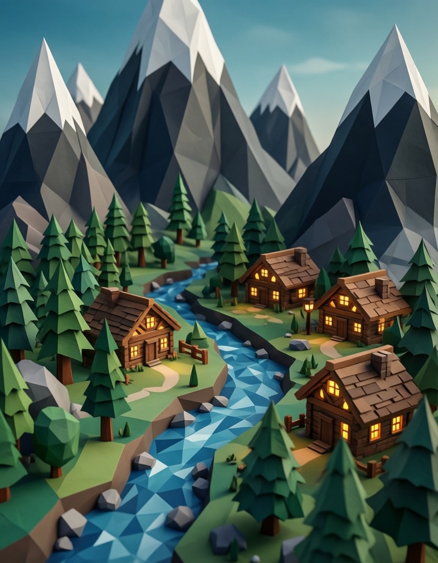 Low Poly Valley with Tiny Village — AI generated image