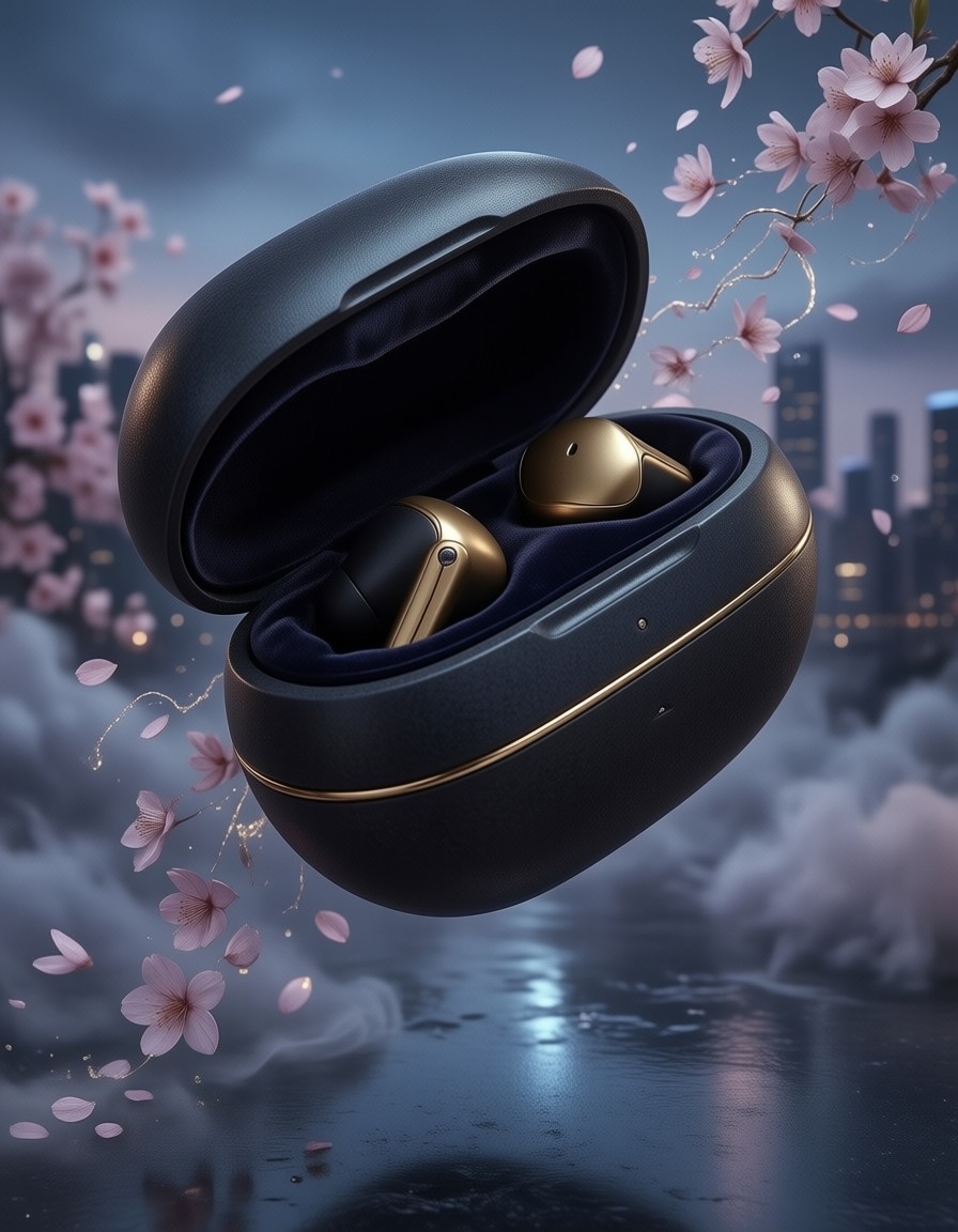 Floating Earbuds Case in Urban Twilight — AI generated image