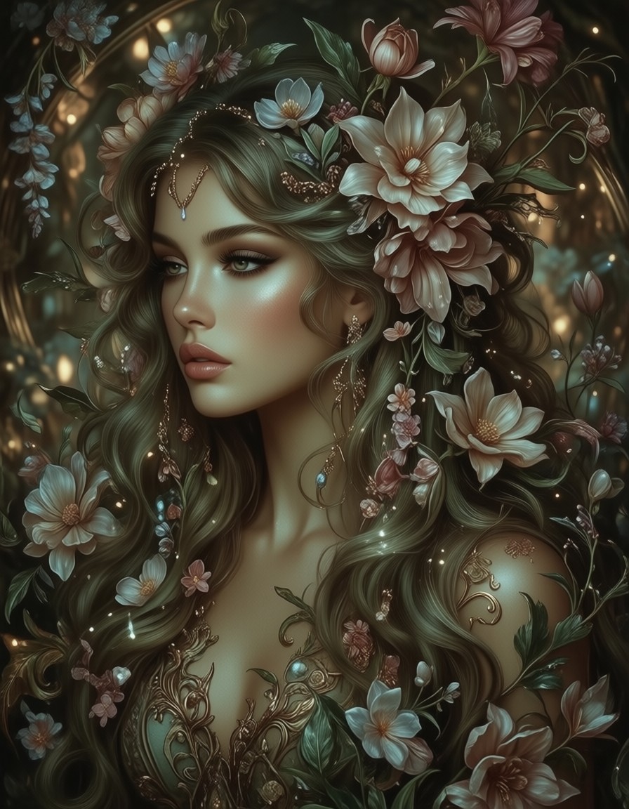 Art Nouveau Floral-Adorned Woman — AI generated image
