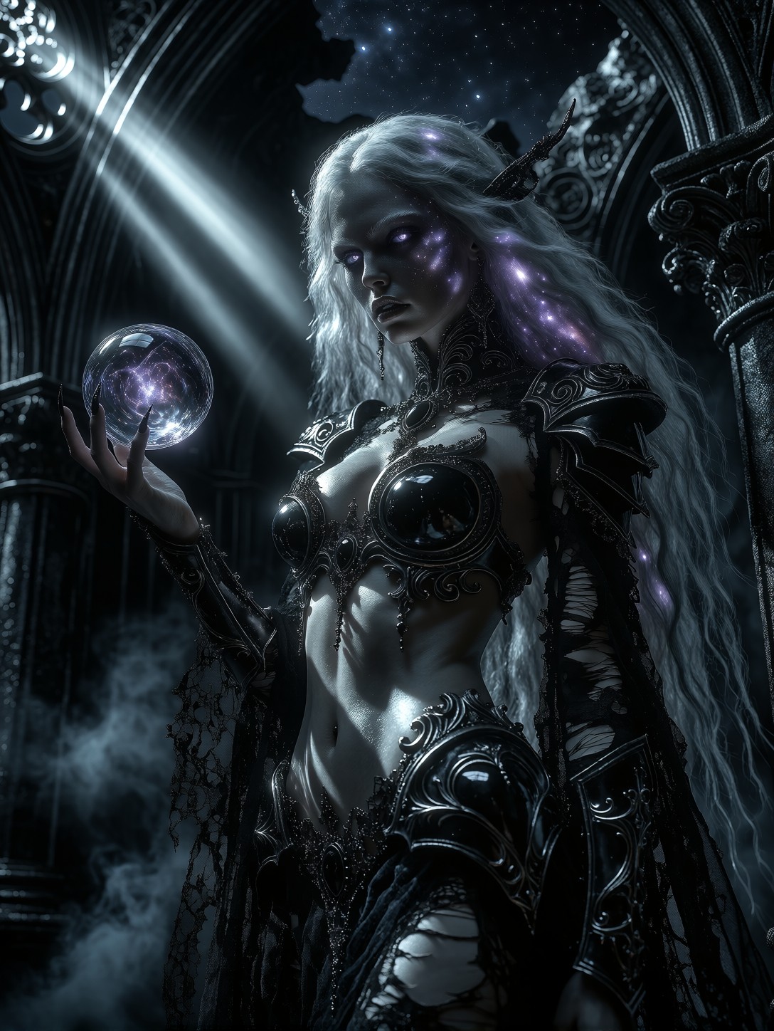 Dark Fantasy Sorceress in Gothic Temple with Eldritch Energy — AI generated image